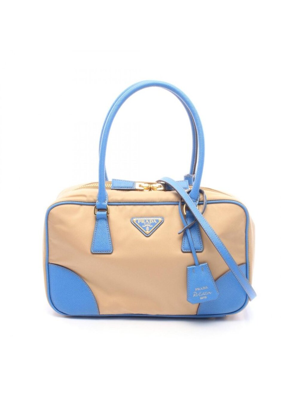 Prada Handbag Triangle Logo 2-Way Beige Light Blue Nylon Leather